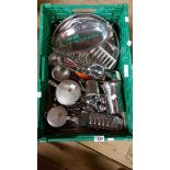 A crate containing a quantity of vintage stainless steel and other kitchenalia items including