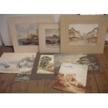 A selection of unframed watercolours including 'Porlock Weir, other seaside and landscape images,