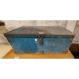 A 62cm old blue painted pine and iron bound lift-top box with flanking iron drop handles - Air