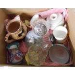 A box containing a quantity of miniature ceramic and glass items including two silver topped glass