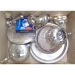 A box containing a quantity of silver plated items including a three piece EPNS tea set, trays,
