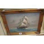 A gilt framed oil on canvas, depicting a three masted sailing vessel on choppy seas - signed