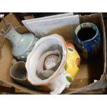 A box containing a quantity of assorted ceramic items including Jim Hall studio pottery vase (a/