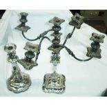 A large silver plated candlestick with associated damaged four branch five light plug-in top -