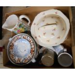 A box containing a quantity of assorted ceramic items including Bovey Pottery vegetable tureen,
