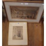 Two framed antiquities coloured prints, one depicting an Egyptian temple interior, the other figures