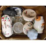 A box containing a quantity of assorted glass and ceramic items including glass dressing table