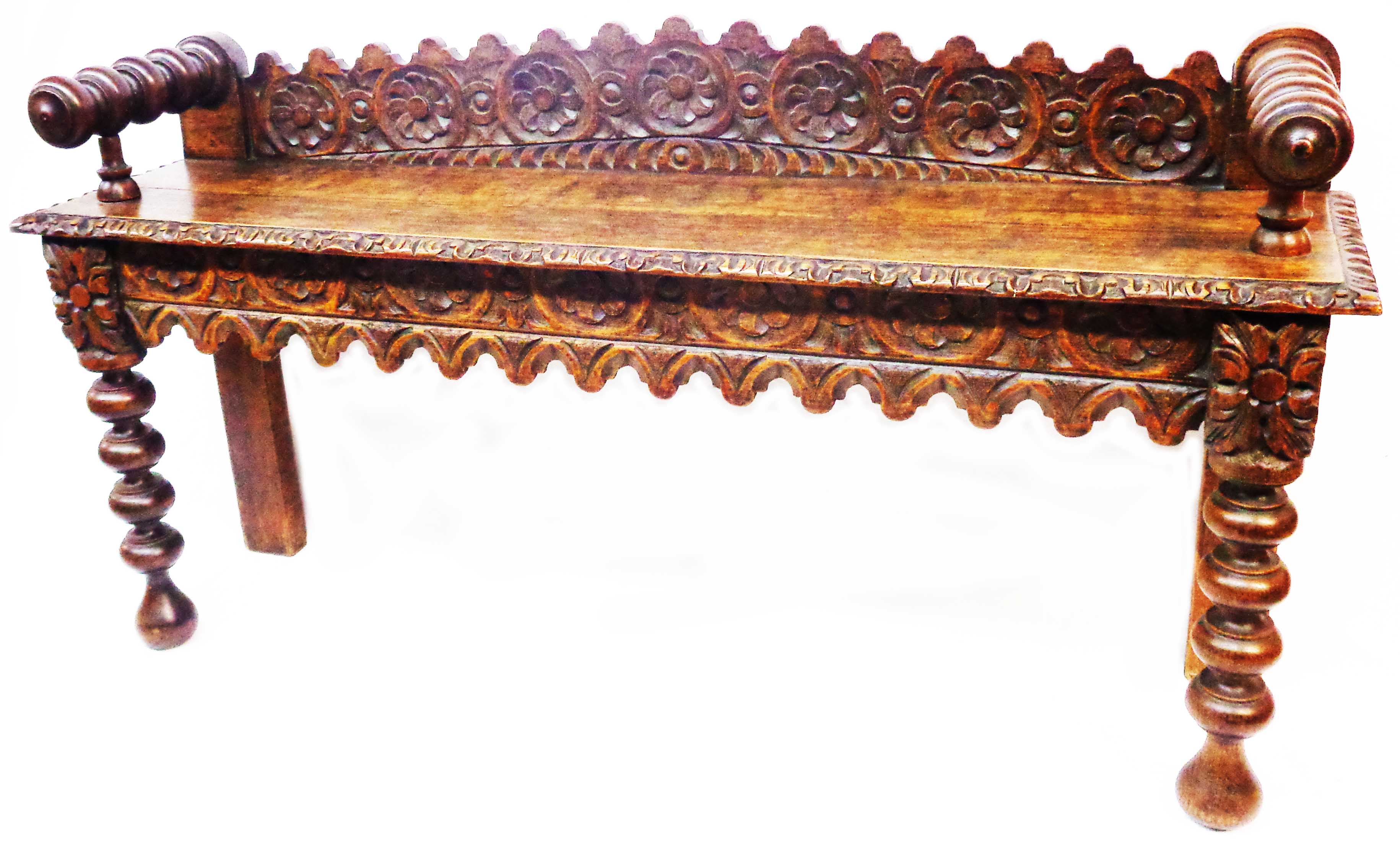 A 1.2m 19th Century carved oak window seat with decorative back rail, solid seat and flanking