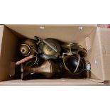 Two boxes containing a quantity of assorted metalware including copper kettle, Ronson silver