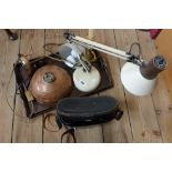 An old tea tray containing a quantity of assorted collectable items including copper hot water