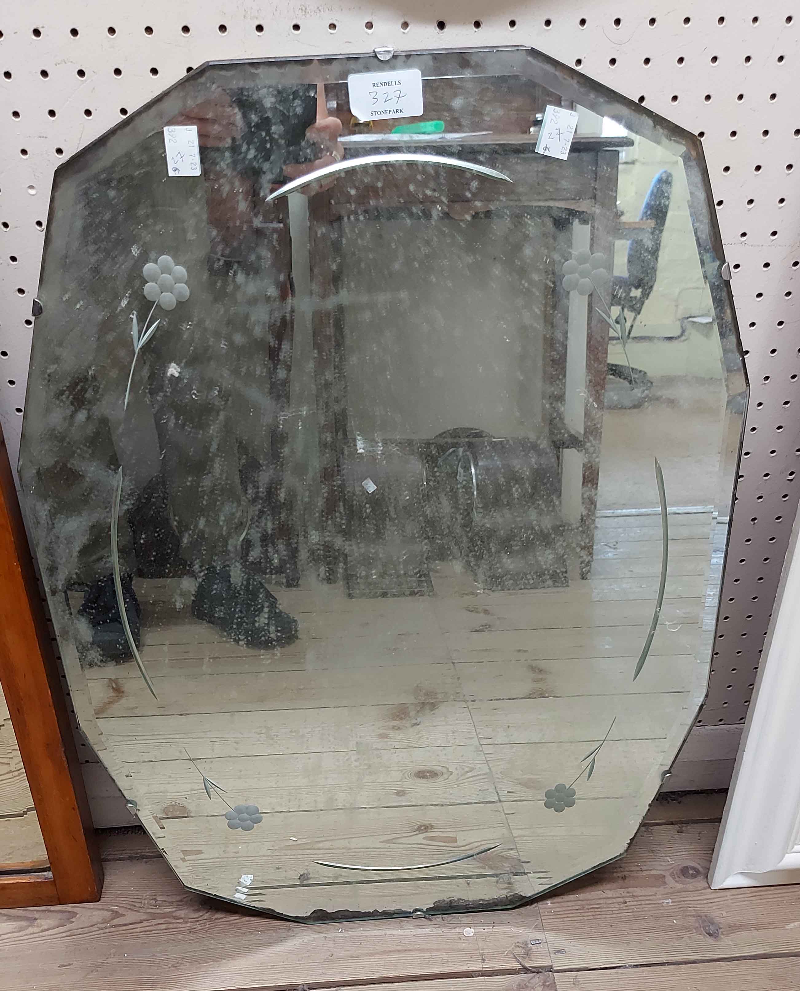 Three assorted wall mirrors comprising an Edwardian inlaid framed bevelled oval, a vintage frameless - Image 2 of 3