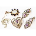 A small quantity of marked 925 amethyst set jewellery comprising heart shaped brooch, pair of