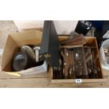 A wooden drawer containing a quantity of old moulding planes - sold with a box containing assorted