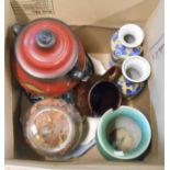 A box containing a quantity of assorted ceramic and glass items including West German rumtopf, etc.