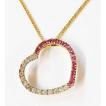 A marked 375 yellow metal open heart shaped pendant, set with half borders of diamonds and pink