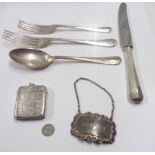 A silver vesta case with engraved initials - sold with a pair of Sheffield silver forks and matching