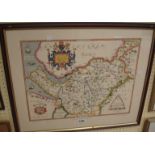 A framed reproduction coloured map print of Saxton's Map of Cheshire