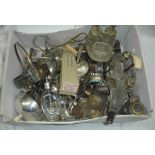 A box containing a quantity of silver plated and other items including cutlery, napkin rings and