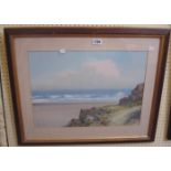 R.D. Sherrin: a parcel gilt framed gouache, depicting a coastal view - signed - 37cm X 51cm