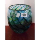 An art glass vase with internal coloured combed decoration and a China Blue (Totnes) two handled