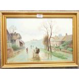 E. Aubrey: a gilt framed oil on board, depicting a rural village scene - signed