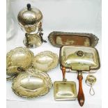 A box containing a quantity of silver plated items including chafing dishes and egg coddler, etc.