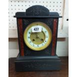 A late Victorian black slate and red marble cased mantel clock with eight day gong striking
