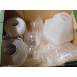 A box containing a quantity of glass lampshades including frosted hanging ceiling shades, oil lamp