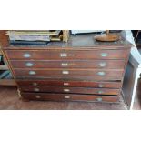 A 1.5m vintage mixed wood two part plan chest with flight of six long drawers with metal cup handles