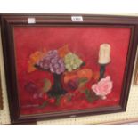 D. Horwood: a framed oil on canvas still life with fruit and other items on a red ground - signed