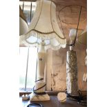 A carved alabaster and marble table lamp of classical column form with shade - sold with a hardstone