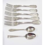 Five matching 800 grade white metal fiddle pattern forks - sold with two English silver teaspoons