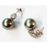 A pair of 375 (9ct.) white gold earrings with tiny diamonds to suspenders and black cultured pearl