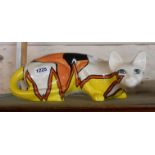 A late 20th Century pottery cat figurine decorated in the Art Deco manner with faux Crown Devon mark
