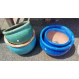 Two large blue garden pots - sold with two green similar