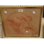 Frank Brangwyn (manner of): a gilt framed red conte drawing study of a nude male figure and