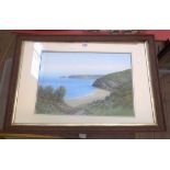 R.D. Sherrin: an oak framed gouache, depicting a coastal view - signed - 36cm X 52cm