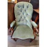 A Victorian mahogany part show frame drawing room armchair with button back pale green velour