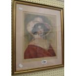 A gilt framed chromolithograph portrait of a lady wearing roses in her hat - signed in pencil and