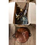 A box containing a quantity of assorted metalware including antique copper saucepan, companion sets,