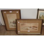 J. Mortimer: two framed watercolours one depicting sailing fishing boats, the other in landscape