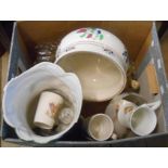 A box containing a quantity of assorted ceramic items including chamber pot, large vase, etc.