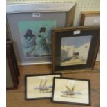 A selection of framed original works, all depicting Middle Eastern and North African subjects