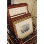 A box containing a quantity of framed small format mainly coloured prints including architectural,