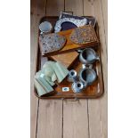 An antique oak tea tray with brass handles containing a quantity of collectable items including