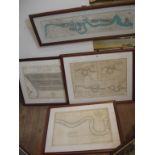 A pair of framed large format map prints, one showing The Isle of Dogs, the other a multi-image of
