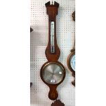 An antique inlaid mahogany framed banjo barometer/thermometer with shell and rosette motifs, the