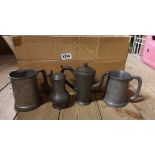 A box containing a quantity of assorted pewter items including Chinese dragon decorated tankards,