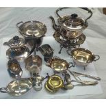 A box containing a quantity of silver plated items including spirit kettle, three piece tea set,