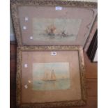A pair of antique ornate framed watercolours, both depicting sailing vessels - one signed with